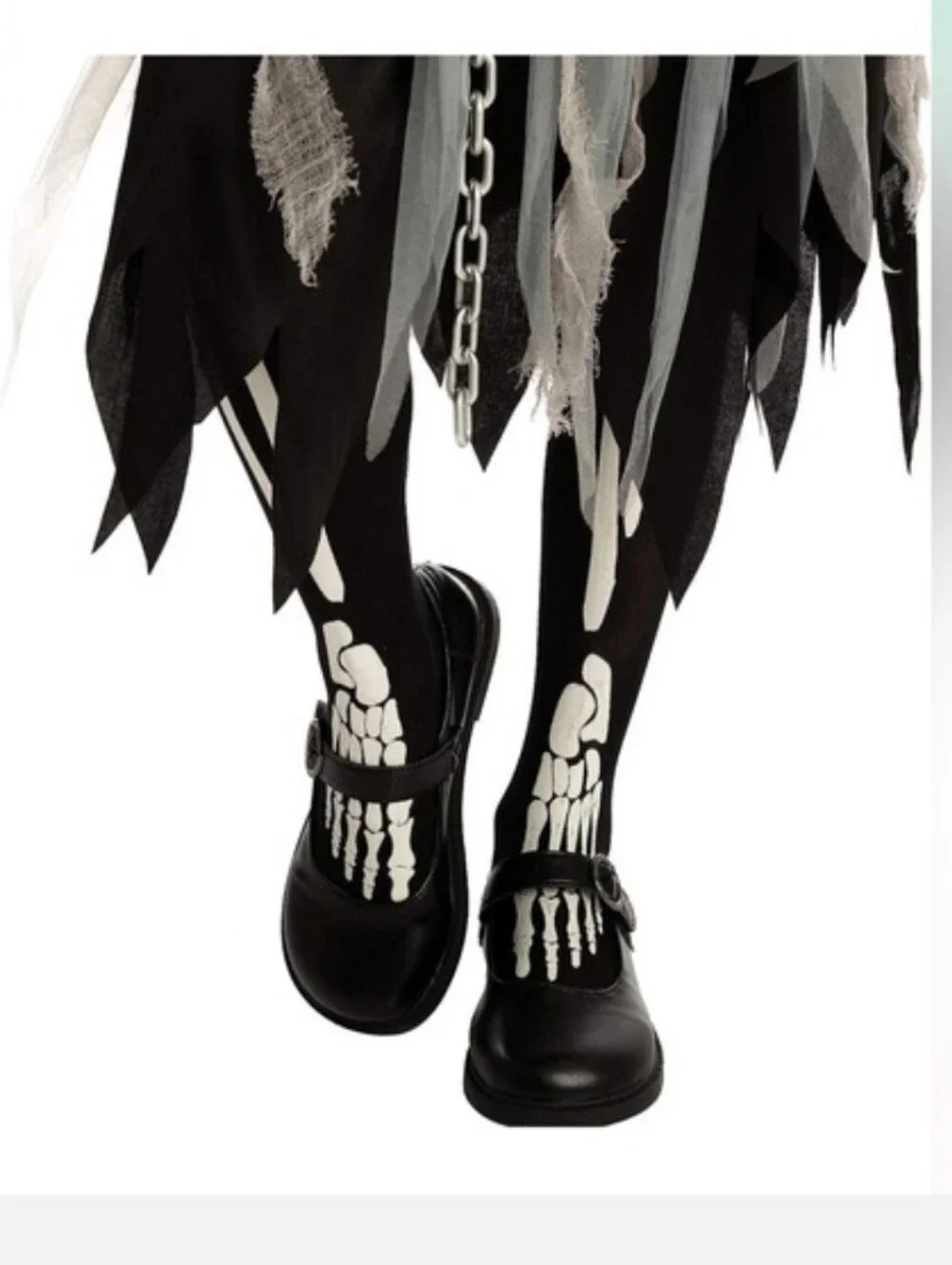 Girls Reaper Costume Rip Chains Hood Gloves Tights Glow In dark Skeleton, 8-10